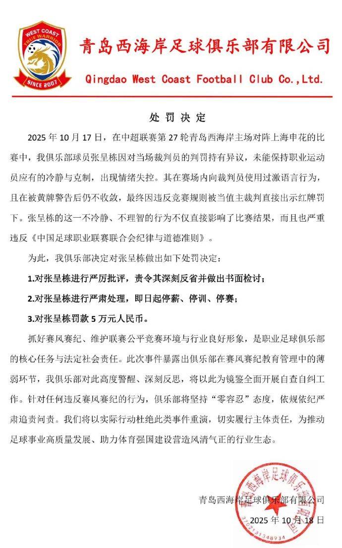 怒噴裁判染紅<strong></p>
<p>宏鑫機械設備有限公司
</strong>！青島西海岸對張呈棟處以三停處罰 罰款5萬:宏鑫機械設備有限公司
